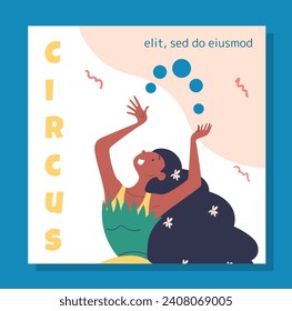 Afiche del Día del Circo. Festividad internacional y festival 16 de abril. Mujeres haciendo malabares con bolas. Actuación de contrabandista. Entretenimiento y ocio. Dibujo vectorial plano de dibujos animados aislado en fondo azul