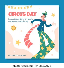 Circus Day poster. International holiday and festival 16 April. Man with red scarf. Magician and illusionist. Entertainment and leisure. Cartoon flat vector illustration isolated on blue background