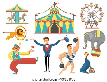 Iconos planos decorativos de circo fijados con caballitos estriados carpas animales entrenados hombre fuerte payaso aislado ilustración vectorial