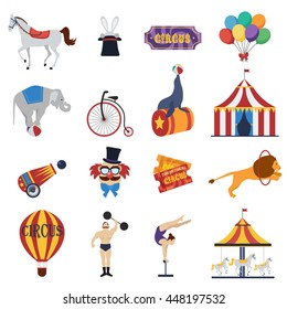 Iconos decorativos de circo fijados con carteles de carpa payasos machos bravos carrones carrusel aislado ilustración vectorial