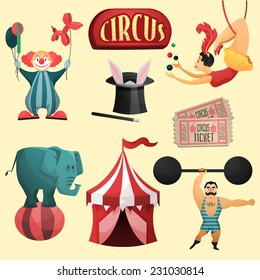 Conjunto decorativo de circo con tienda de payasos que aisló ilustración vectorial