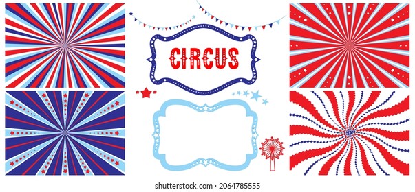 Circus design advertising set. Striped poster templates and design elements with tent for circus, fanfair, carnival or life events announcement.