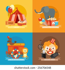 Circus design concept set with animal performance entertainment amazing show flat icons isolated vector illustration