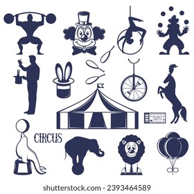 Circus design element black-and-white silhouette isolated set. Acrobat, illusionist, strongman, clown, ticket, trained animals and tent vector illustration