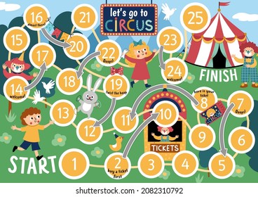 Circus Dice Board Game For Children With Boy Running To Marqee, Clowns. Amusement Show Or Holiday Boardgame. Entertainment Festival Activity Or Printable Worksheet
