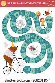 Circus dice board game for children with bear on bicycle riding through the arena. Amusement show or holiday boardgame. Entertainment festival activity or printable worksheet with funny animal
