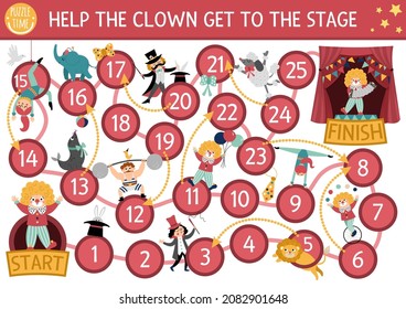 Circus Dice Board Game For Children With Clown Going To Stage. Amusement Show Or Holiday Boardgame. Entertainment Festival Activity Or Printable Worksheet With Magician, Athlete, Gymnast, Animals
