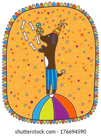 Circus dog in the cap is on the ball and juggles balls and bones