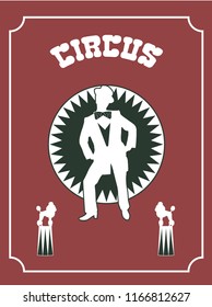 Circus dogs on the bedside table and an artist on the background of the circus arena