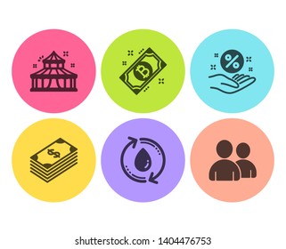 Circus, Dollar and Bitcoin icons simple set. Refill water, Loan percent and Users signs. Attraction park, Usd currency. Business set. Flat circus icon. Circle button. Vector