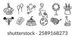 Circus doodle hand drawn icon set. Outline drawing circus line clipart symbol collection. Vector illustration