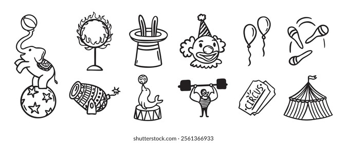 Circus doodle hand drawn icon set. Outline drawing circus line clipart symbol collection. Vector illustration