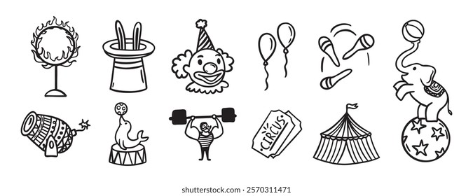 Circus doodle hand drawn icon set. Outline drawing circus line clipart symbol collection. Vector illustration