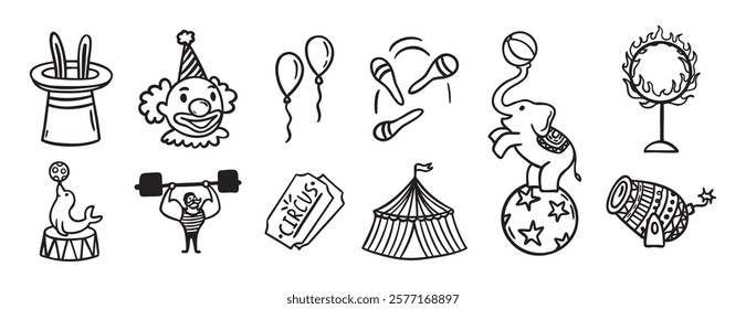 Circus doodle hand drawn icon set. Outline drawing circus line clipart symbol collection. Vector illustration