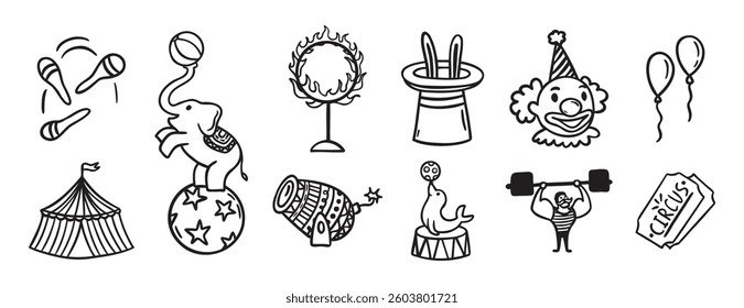 Circus doodle hand drawn icon set. Outline drawing circus line clipart symbol collection. Vector illustration