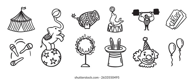Circus doodle hand drawn icon set. Outline drawing circus line clipart symbol collection. Vector illustration