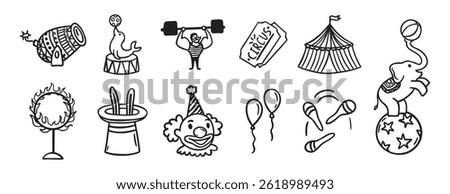 Circus doodle hand drawn icon set. Outline drawing circus line clipart symbol collection. Vector illustration