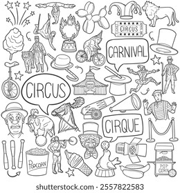 Circus Doodle Icons Black and White Line Art. Carnival Clipart Hand Drawn Symbol Design.	