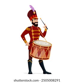 Circus drummer character or funfair carnival musician, cartoon vector. Circus orchestra music performer, man drummer in costume with feather hat and drum for kids and circus show cartoon character