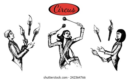 circus. drummer and jugglers. retro style. isolated on white background