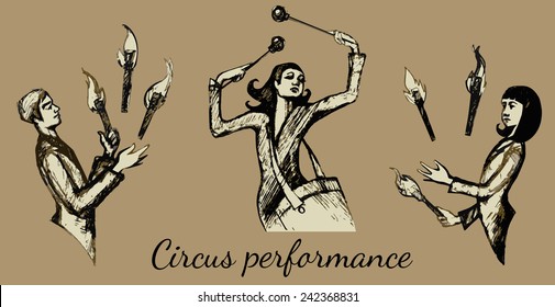 circus. drummer and jugglers in retro style. isolated on beige background
