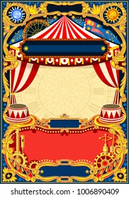 Circus editable frame. Vintage template with circus tent for kids birthday party invitation or post. Quality vector illustration.