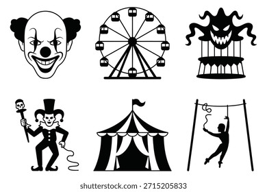 Elementos circo palhaço roda gigante monstro tenda acrobat