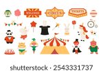 Circus elements collection. Cute animals and children in artist costumes, bell tent, balloons, labels and tags. Vector illustration. Funny characters. Festival event, fairground isolated objects set.