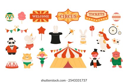 Circus elements collection. Cute animals and children in artist costumes, bell tent, balloons, labels and tags. Vector illustration. Funny characters. Festival event, fairground isolated objects set.