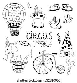 Circus elements coloring set vector for design with magician rabbit balloon magic elephant isolated boots black and white hat