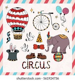 Circus elements coloring set vector for design with magician rabbit and balloon elephant isolated boots black and white hat