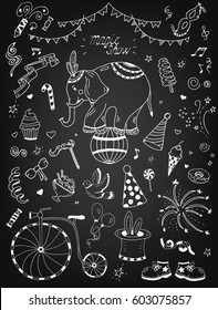 Circus elements coloring set vector for design with magician rabbit balloon elephant isolated boots black and white hat