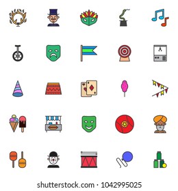 Circus elements filled outline icons set, line vector symbol collection, linear colorful pictogram pack. Signs logo illustration, Set includes icons as ring of fire magician circus actor carnival mask