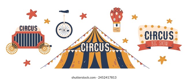 Circus Elements or Icons Set. Banner with Light Bulbs, Monowheel Bike, Colorful Stars and Air Balloon Isolated on White