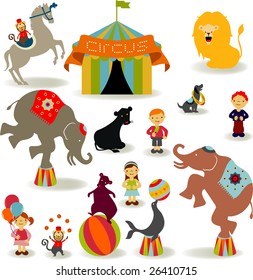 Circus elements like elephants, horse, lion, seal, dog, bear, monkey and boys and girls