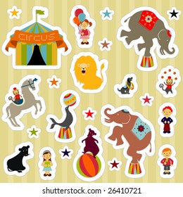 Circus elements like elephants, horse, lion, seal, dog, bear, monkey and boys and girls