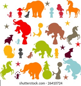 Circus elements like elephants, horse, lion, seal, dog, bear, monkey and boys and girls