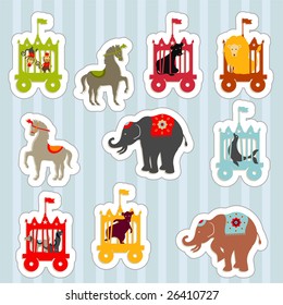 Circus elements like elephants, horse, lion, seal, dog, bear, monkey and boys and girls