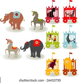 Circus elements like elephants, horse, lion, seal, dog, bear, monkey and boys and girls