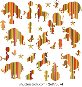 Circus elements like elephants, horse, lion, seal, dog, bear, monkey and boys and girls make with color lines