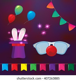 Circus elements. Magic hat with rabbit ears and clowns glasses with red nose. Elements for party design. Magic trick on dark background. 