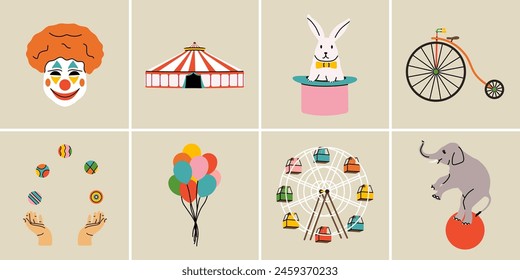 Circus elements in modern flat, line style. Hand drawn illustrations: clown mask, tent, rabbit in a hat, vintage bike, juggling hands, colorful balloons, attraction, elephant on the ball