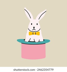 Circus elements in modern flat, line style. Hand drawn vector illustration of rabbit in the hat, Isolated graphic design element
