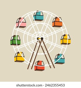 Circus elements in modern flat, line style. Hand drawn vector illustration of ferris wheel attraction, Isolated graphic design element