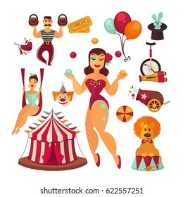 Circus elements and performers vector isolated flat icons set