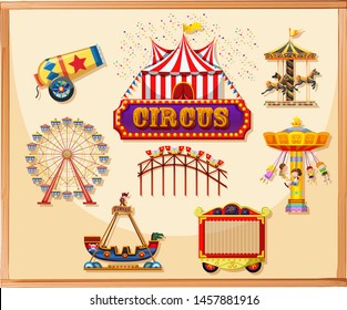 Circus elements for poster including canon, cage, games and rides illustration