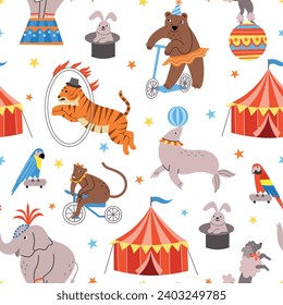 Circus elements seamless pattern. Trained animals perform tricks, striped tent, bear on scooter, tiger jumps into ring, vector backdrop.eps
