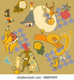 Circus elements set: clown, acrobat, balance, gymnastics