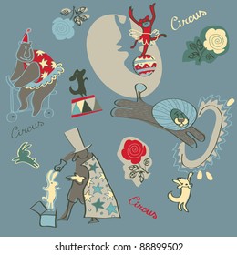 Circus elements set: clown, acrobat, balance, gymnastics
