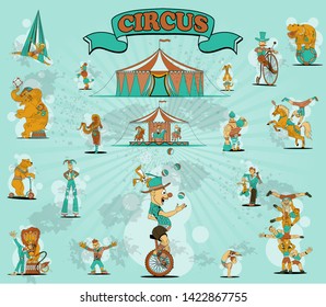 Circus elements set: tent, air gymnastics, gymnast on horse, elephant on ball, lion with tamer, strongman, jugger, hippo, snake girl, carousel
